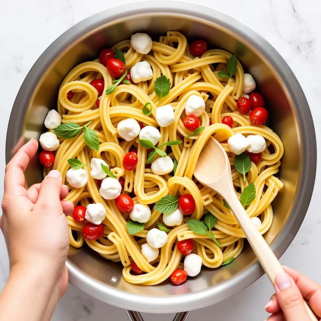 Mixing smoked mozzarella pasta salad