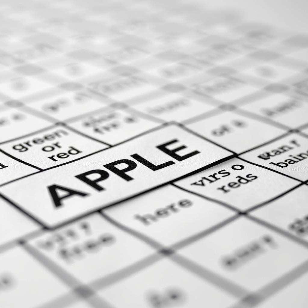 A completed crossword puzzle with the answer "apple" filled in for the "green or red food" clue.