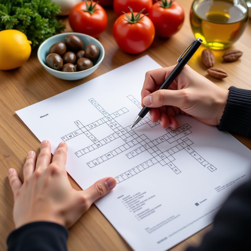 Person Solving a Spanish Food Crossword