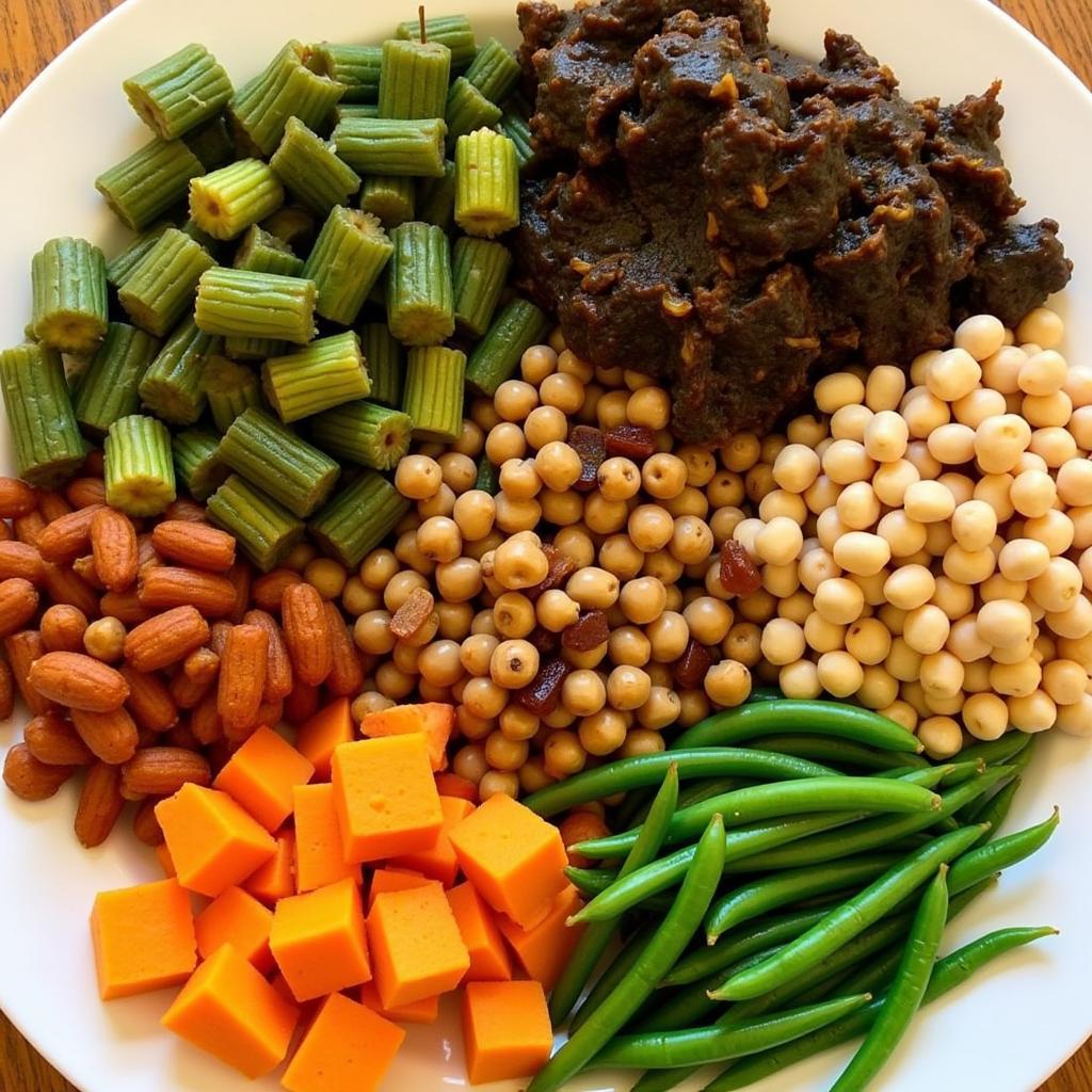 A colorful platter of various cooked soul food vegetables, showcasing the diversity of the cuisine.