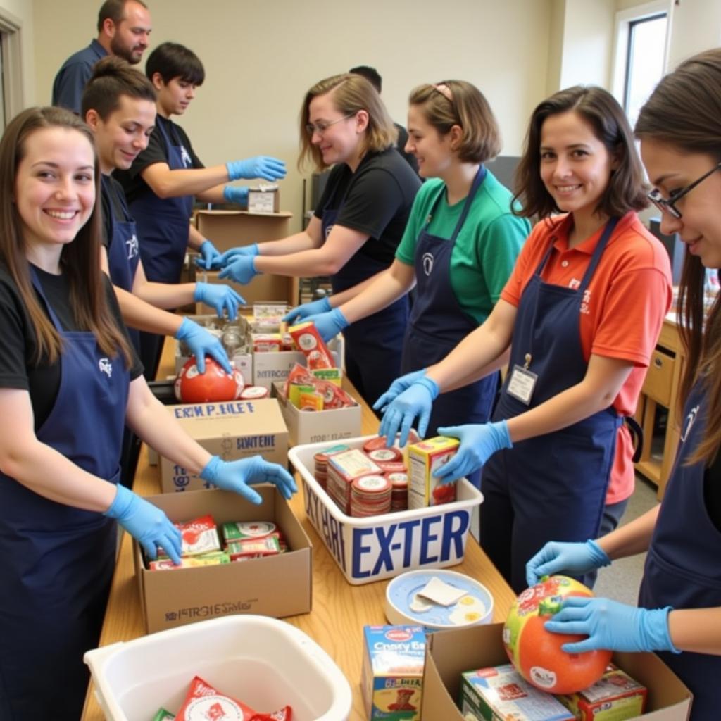 Volunteers sorting food donations at a Souper Bowl food drive.