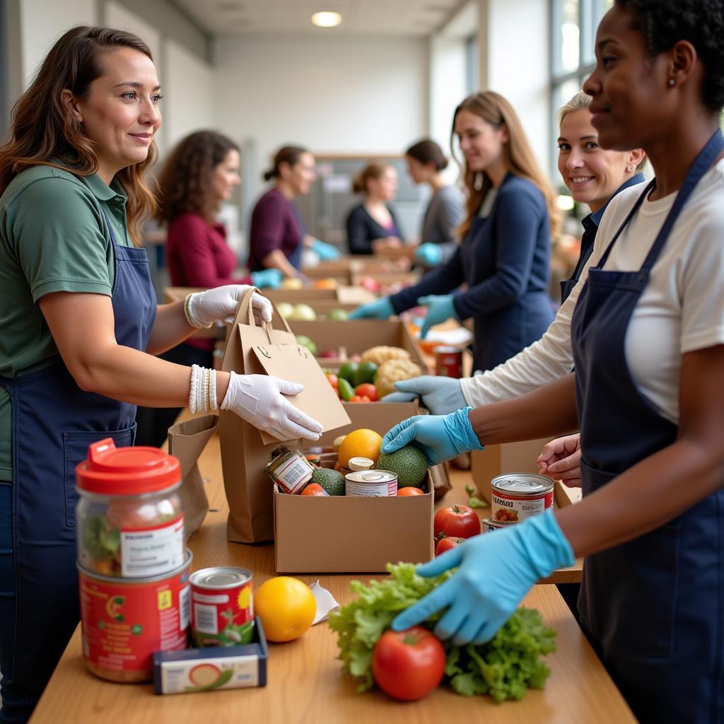 Volunteers distributing food at the St. Pius food pantry