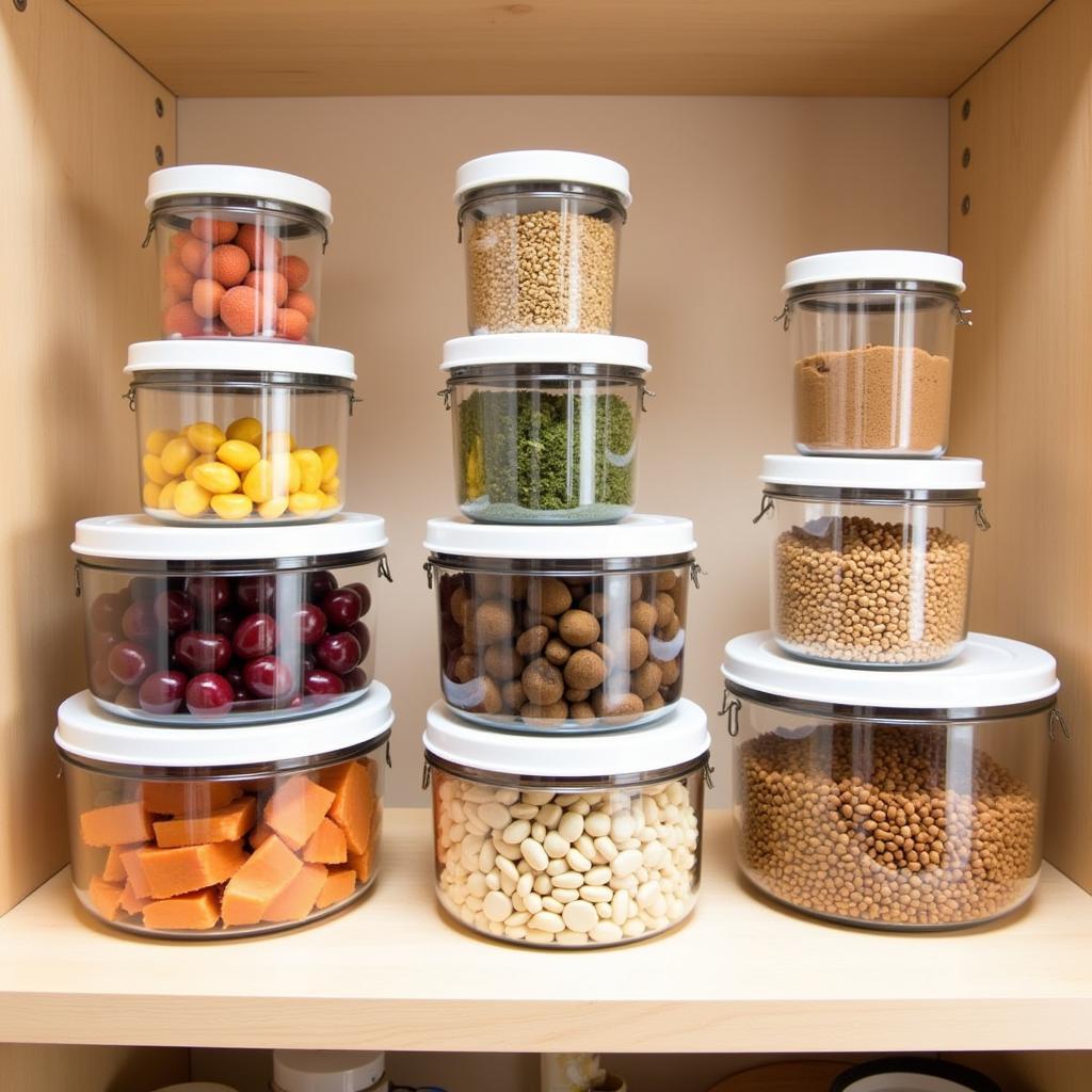 Stackable round food storage containers neatly organized in a pantry.