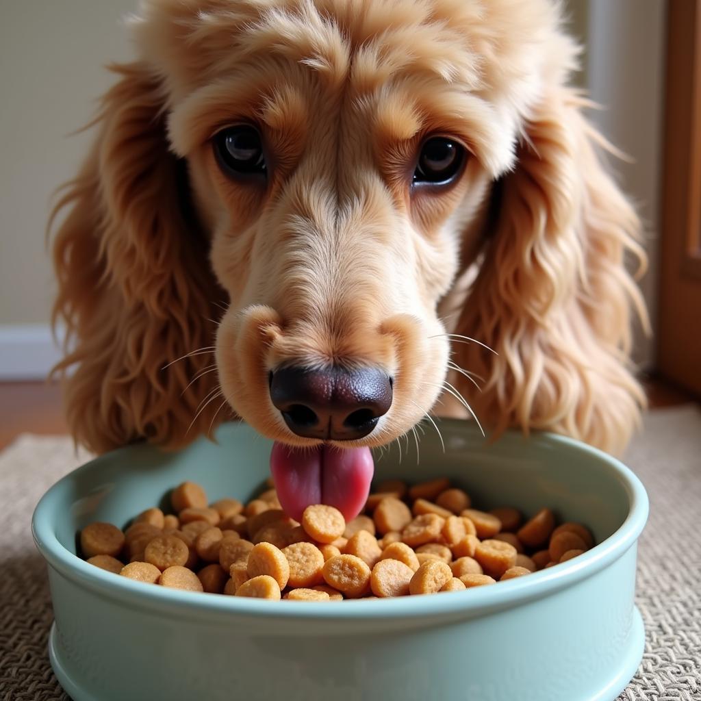 Standard Poodle Licking Up Wet Food from a Bowl