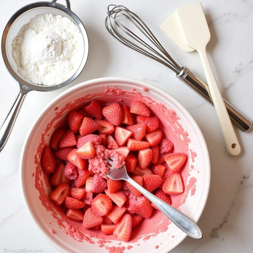 Preparing strawberry icing for angel food cake