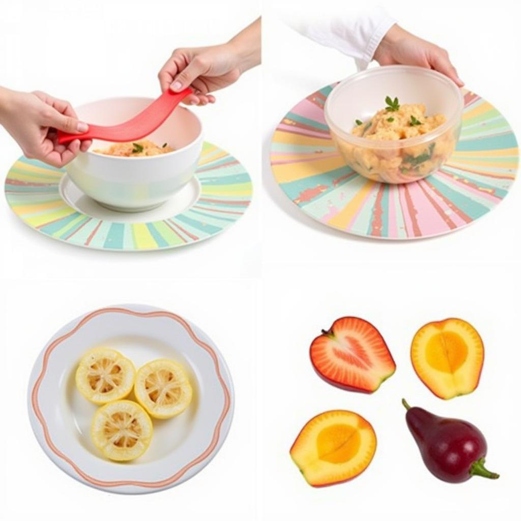 Stretchy food covers in various sizes covering different bowls and food items