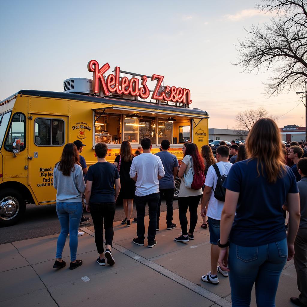 A successful food truck in Oklahoma, bustling with customers.