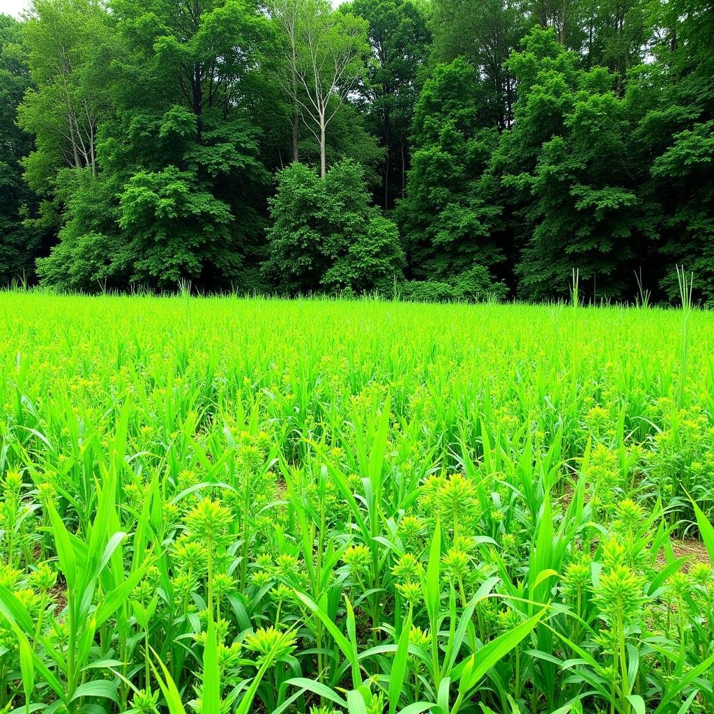 Lush green summer deer food plot with a variety of plants.