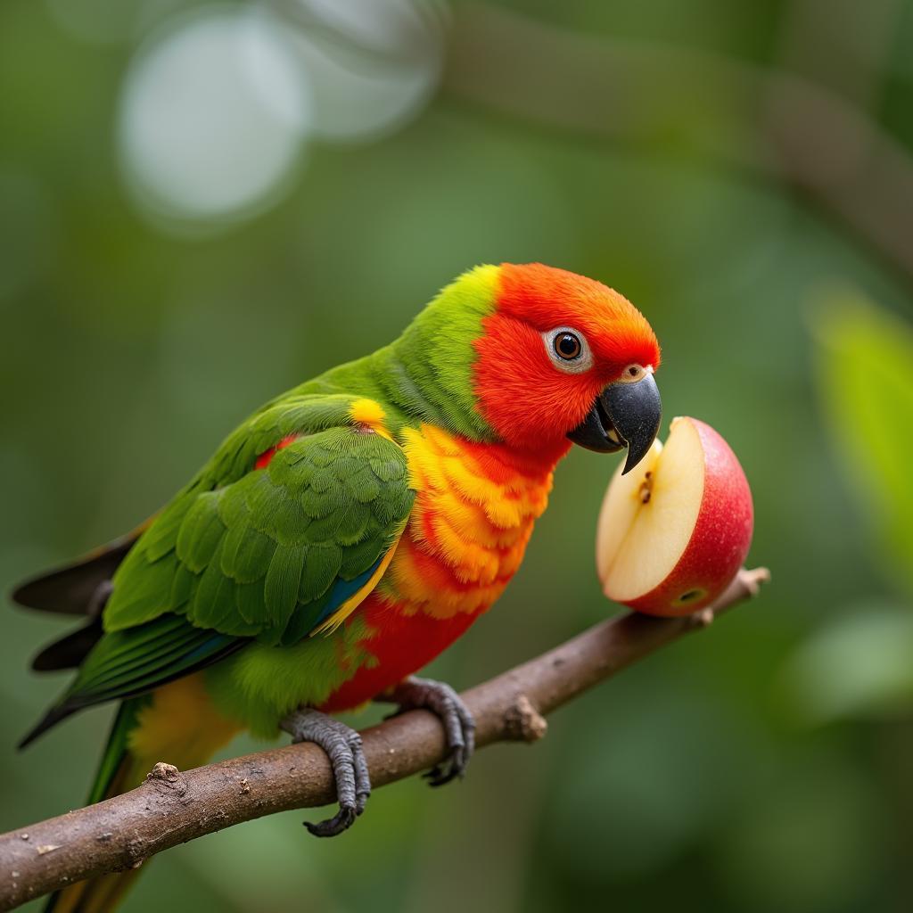 A sunburst parakeet enjoying a piece of fresh fruit.