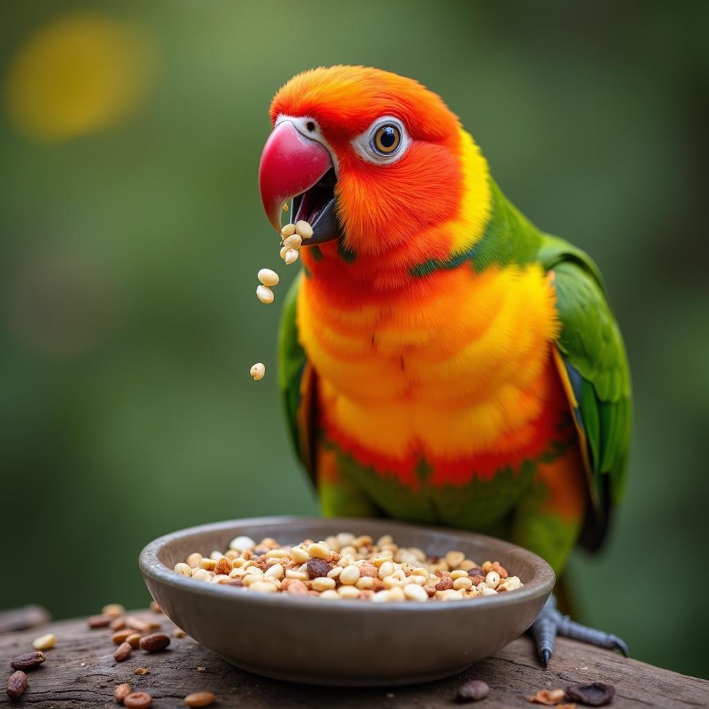 A sunburst parakeet enjoying its seed mix