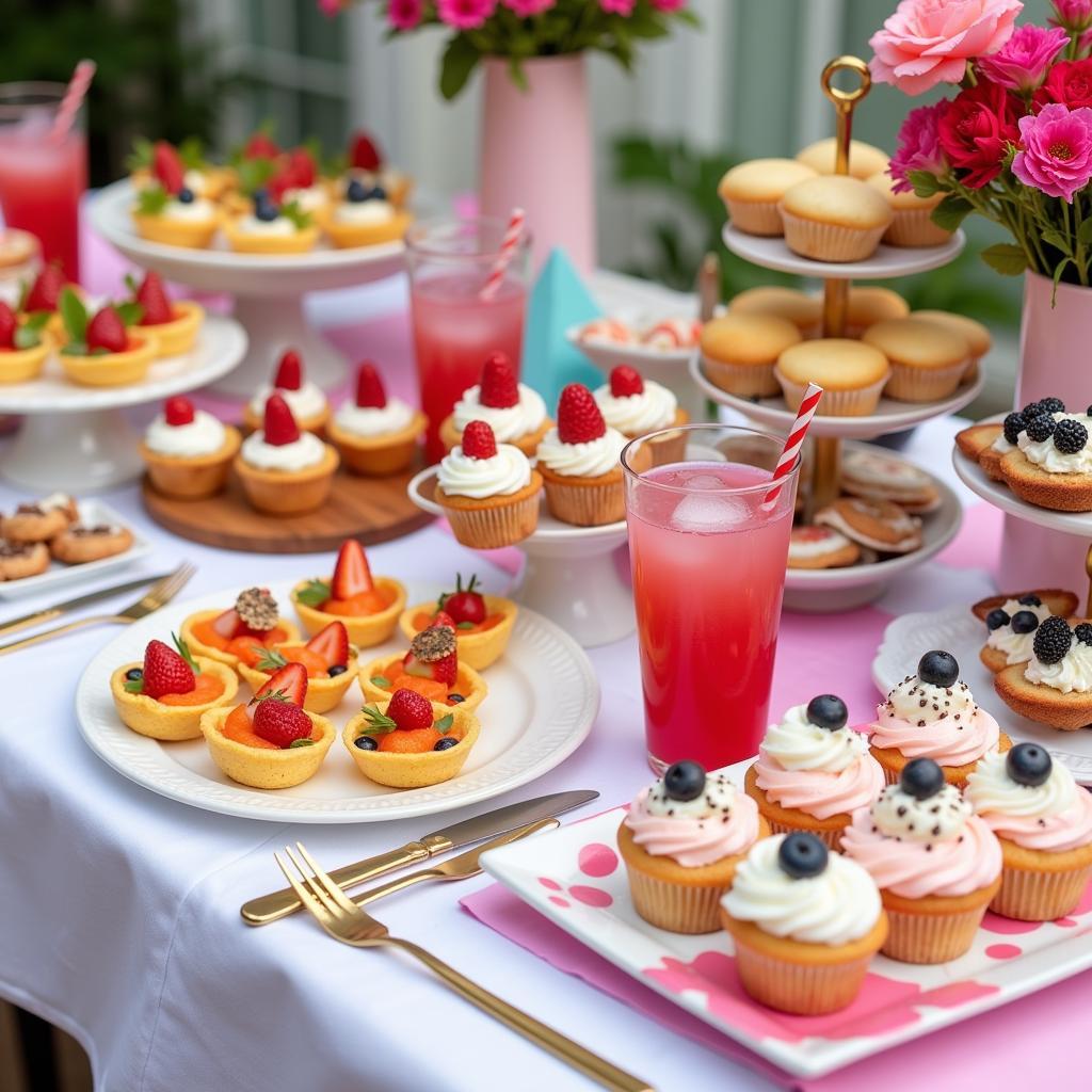 Sweet 16 party food table with a variety of appetizers, desserts, and drinks.