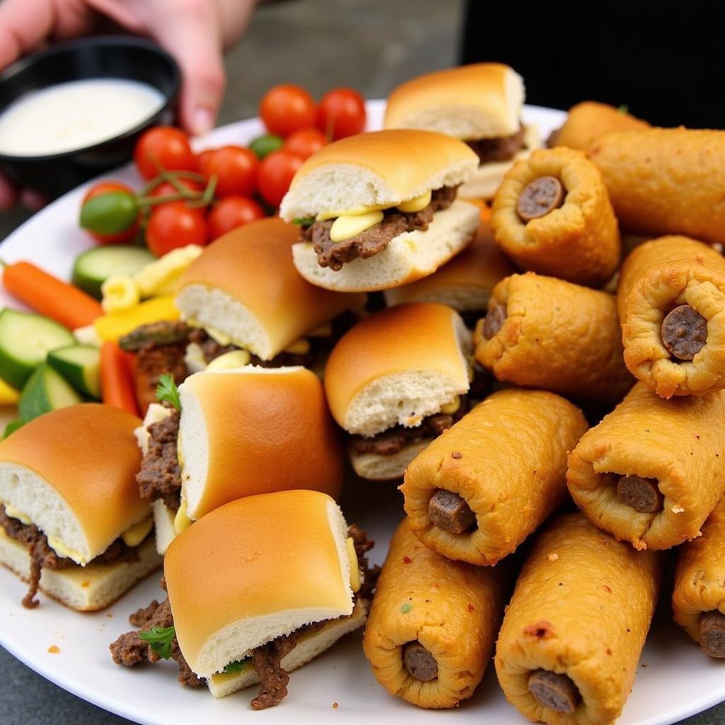 An assortment of handheld tailgate food including sliders, mini tacos, and sausage rolls