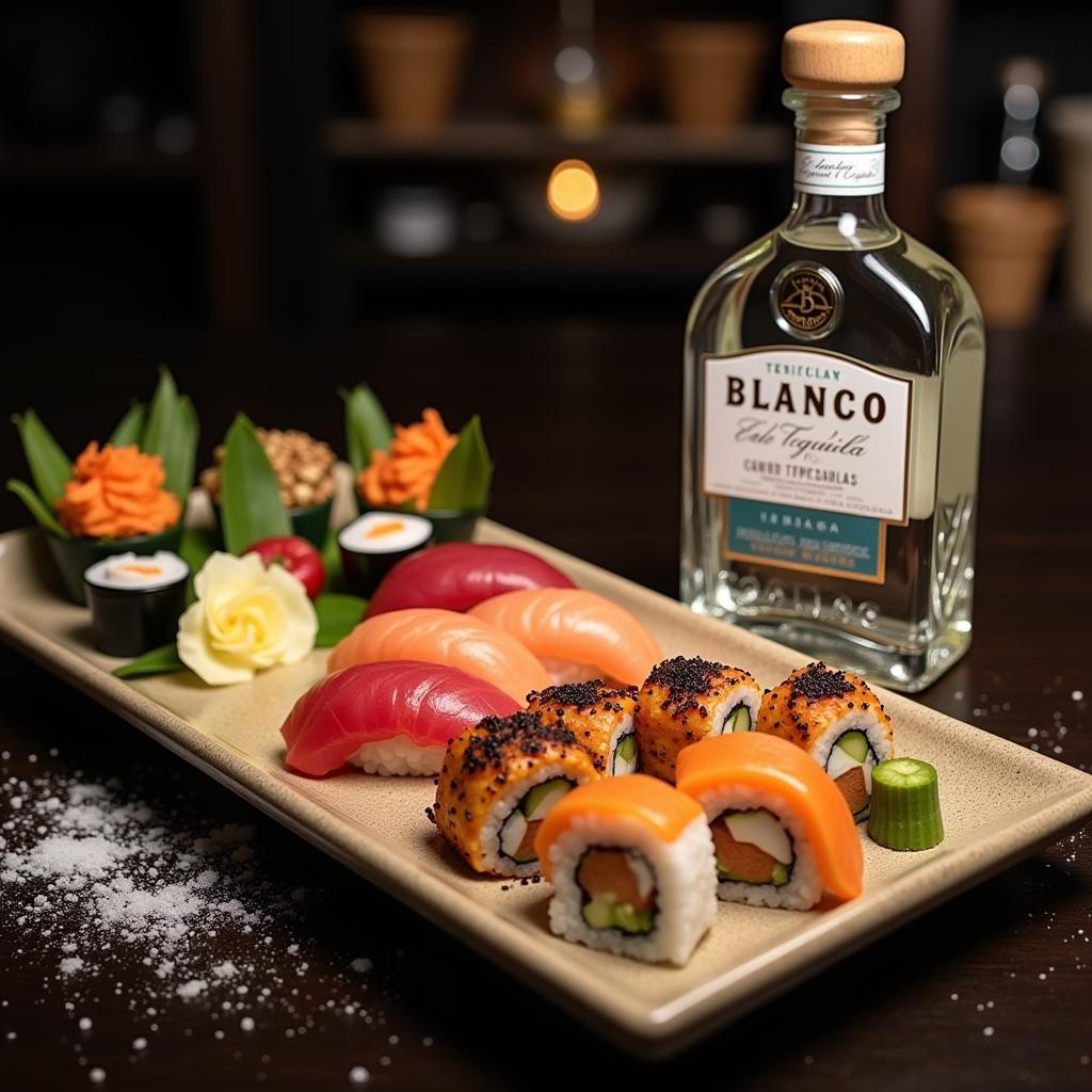 Sushi platter with a glass of Blanco tequila