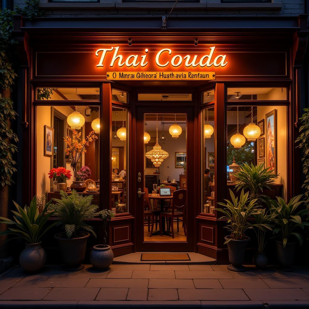 Exterior view of a Thai restaurant in Buffalo Grove, IL, with warm lighting and inviting ambiance.