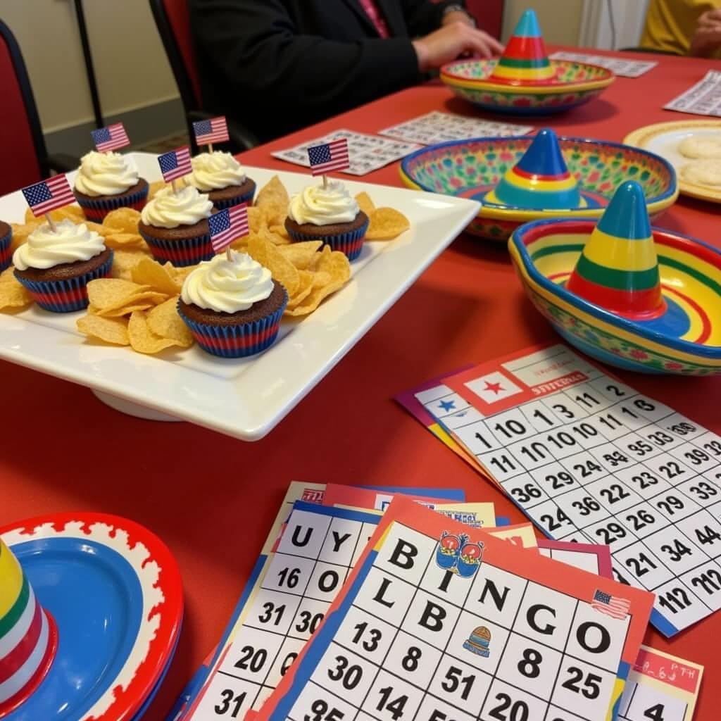 A themed bingo night food spread with decorations and matching snacks.