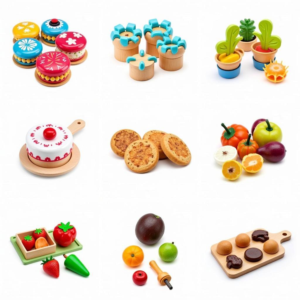 A vibrant display of various toy kitchen food sets, showcasing different materials, styles, and food types.