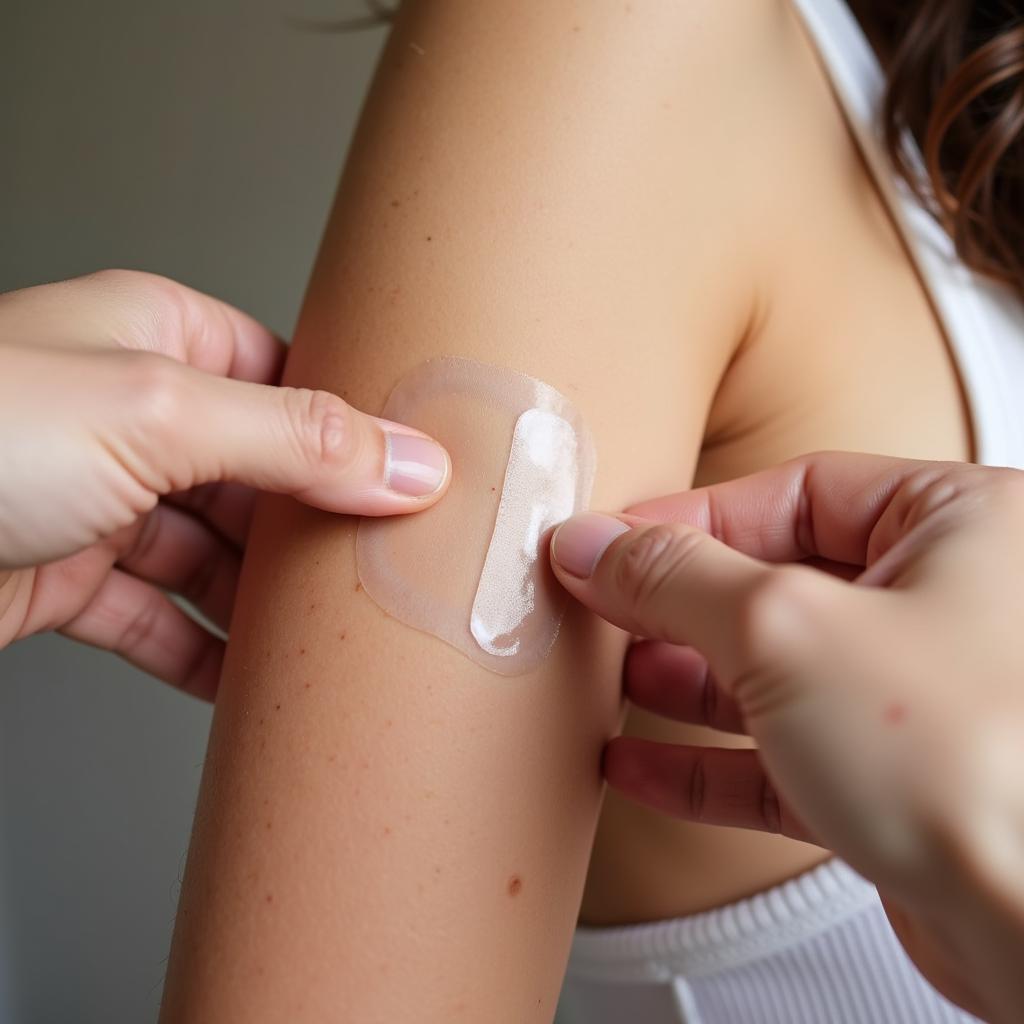 A person applying a transdermal food patch to their arm.