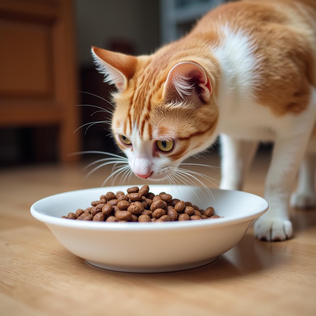 Transitioning cat to insect protein: A cat cautiously sniffing a new bowl of insect-based cat food.