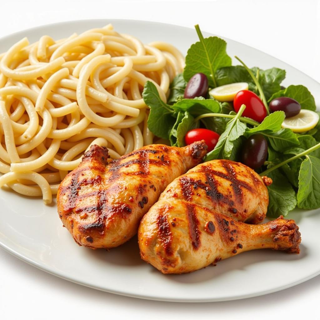 A plate overflowing with a triple portion of pasta, salad, and grilled chicken.