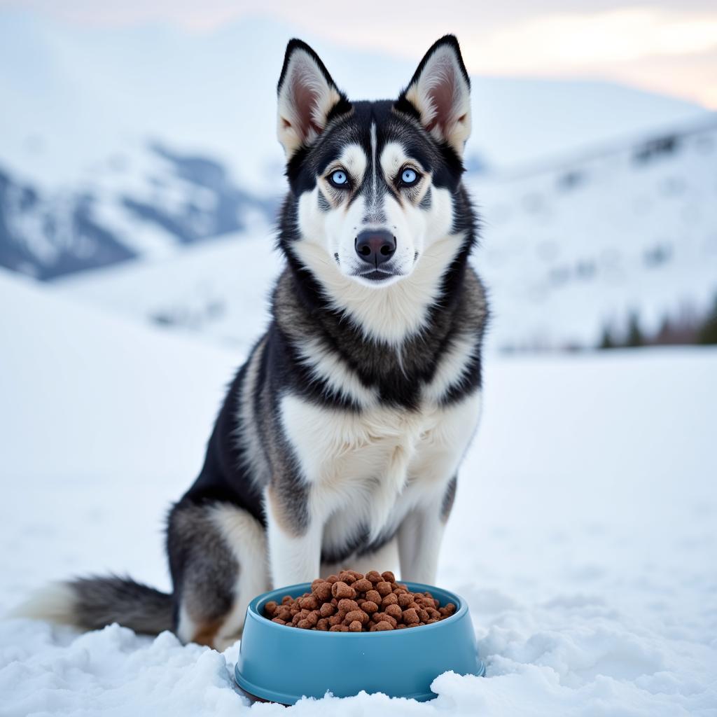 Tundra dog food for working dogs in a snowy landscape