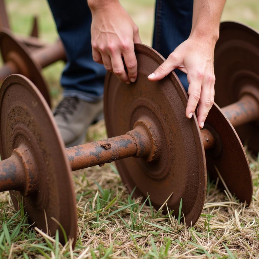 Inspecting a Used Disc Harrow for Food Plots