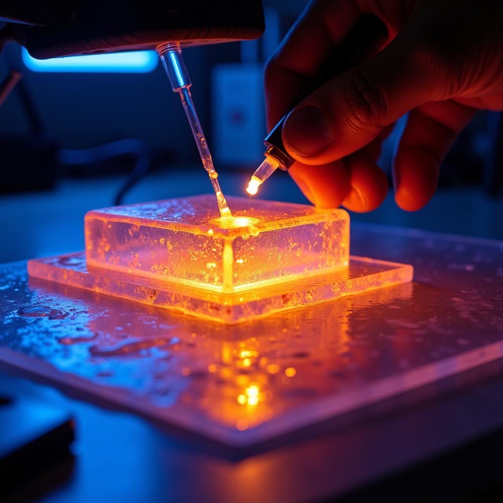 UV resin curing under a UV lamp