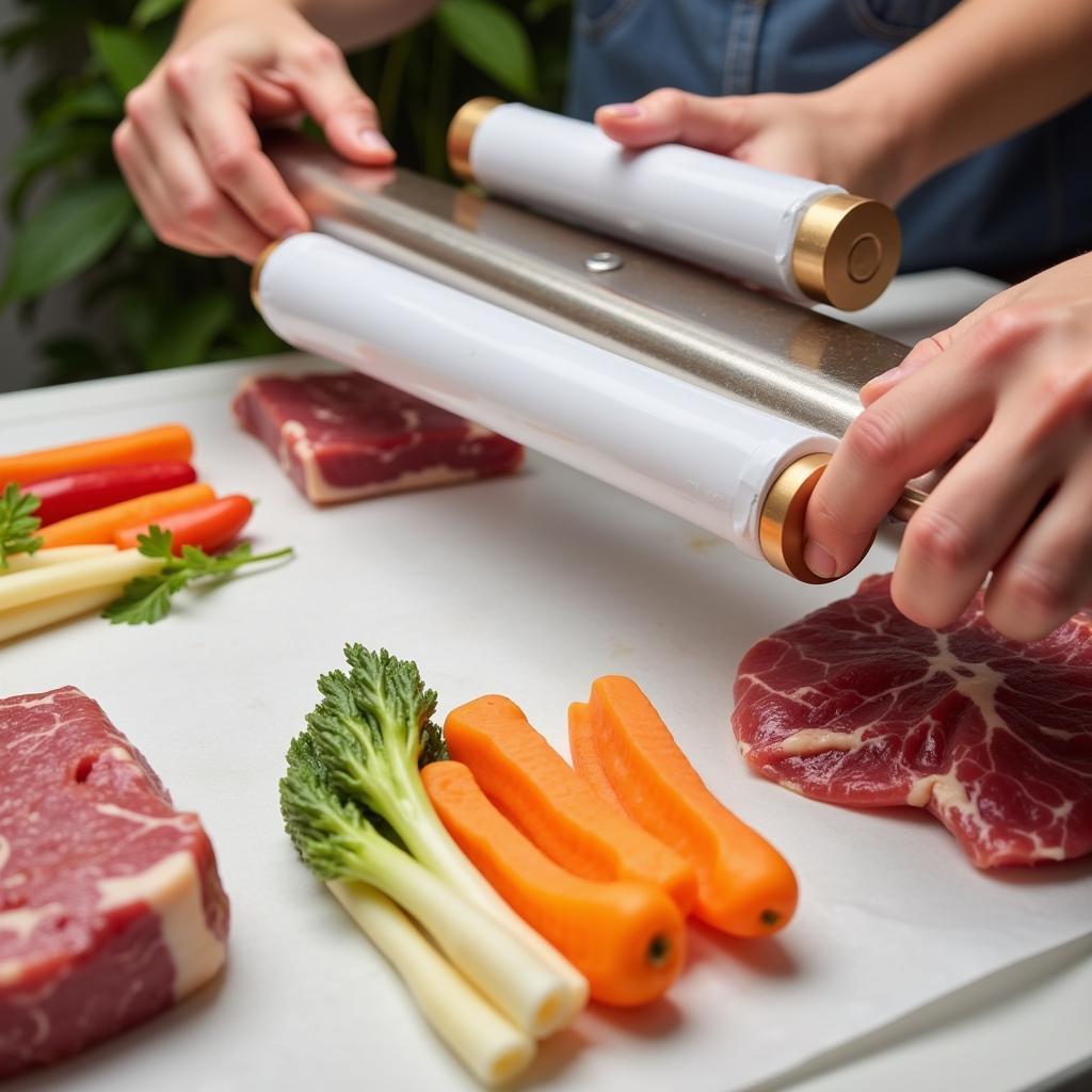 Vacuum seal rolls being used to preserve various food items like meat, vegetables, and fruits.