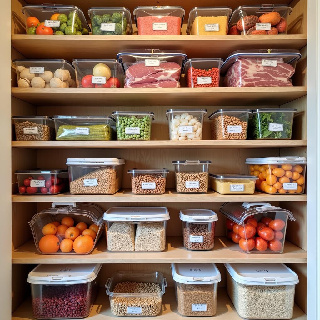 Various types of vacuum sealed food in storage, including fruits, vegetables, meats, and dried goods, organized neatly on shelves.