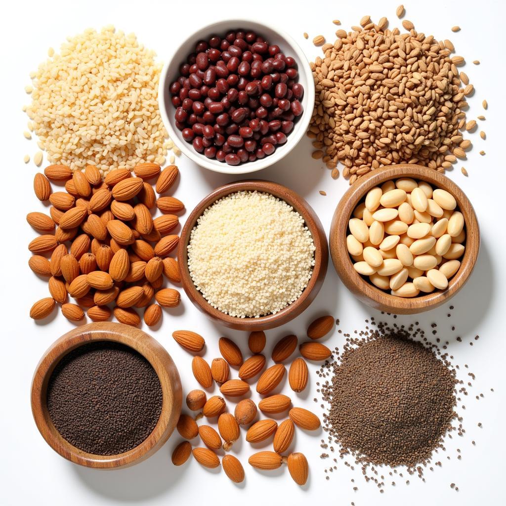 Various types of earth food, including grains, legumes, nuts, and seeds.