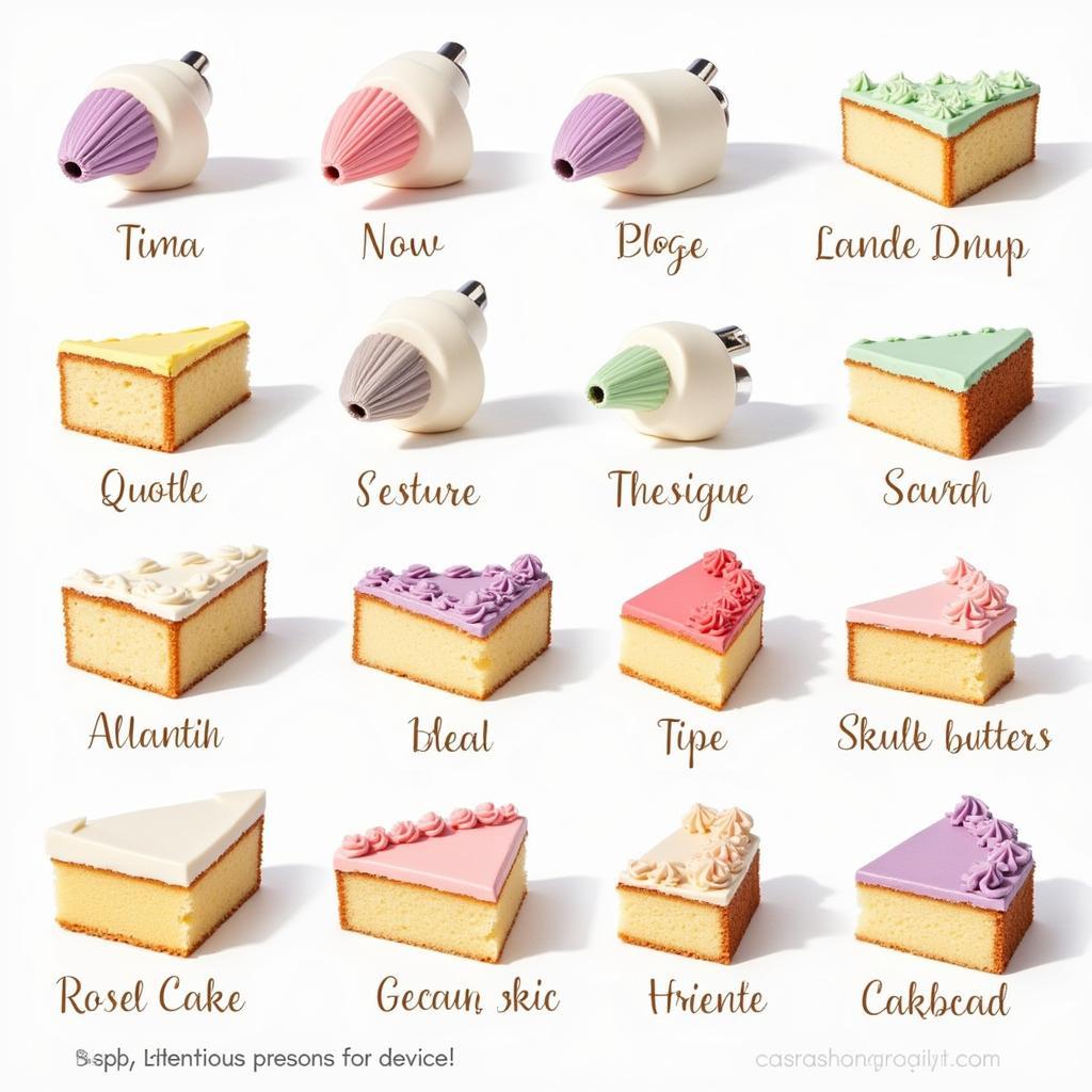 Different piping techniques used to decorate angel food cake with buttercream frosting, showcasing various textures and designs.