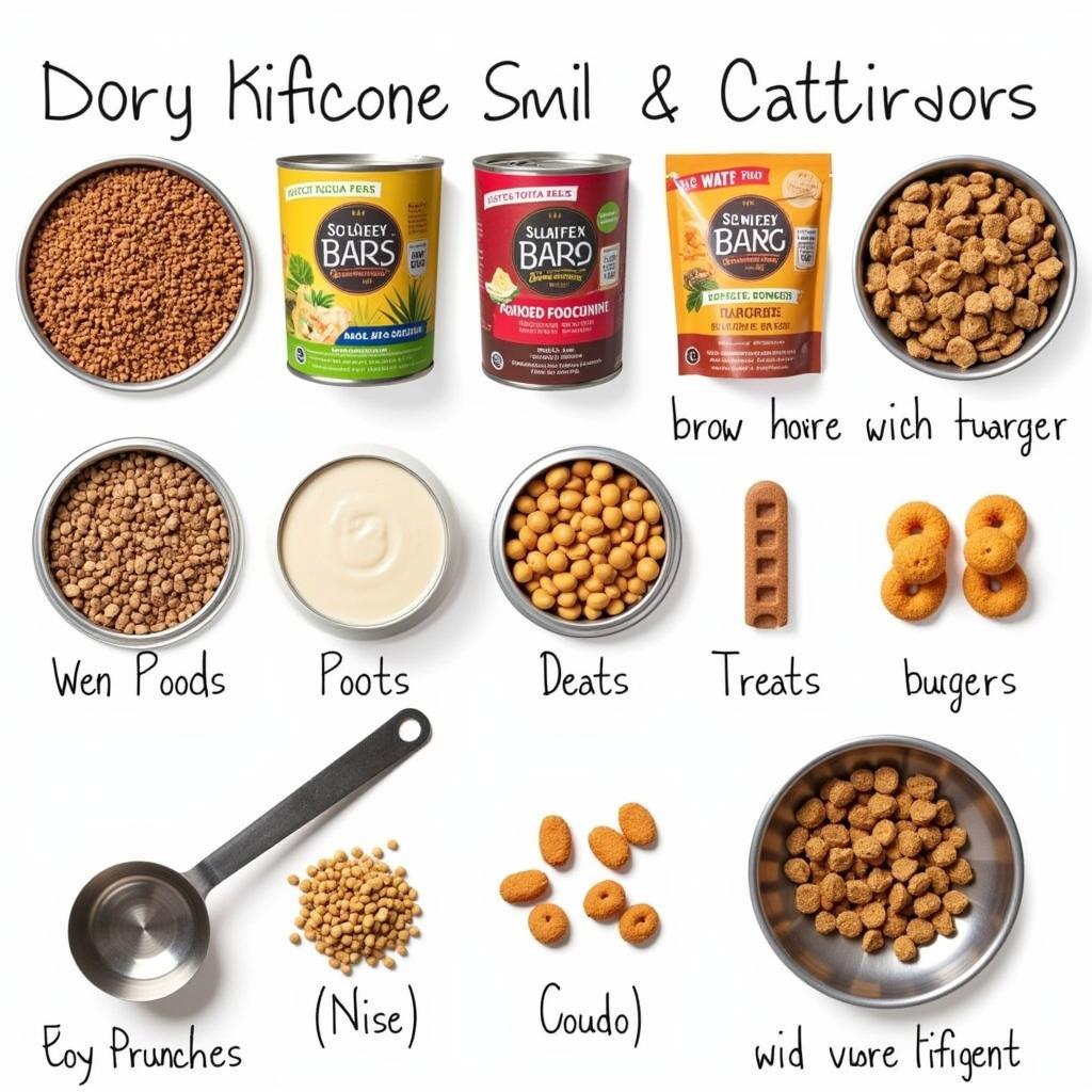 Different types of cat food, including dry kibble, wet food, and treats.