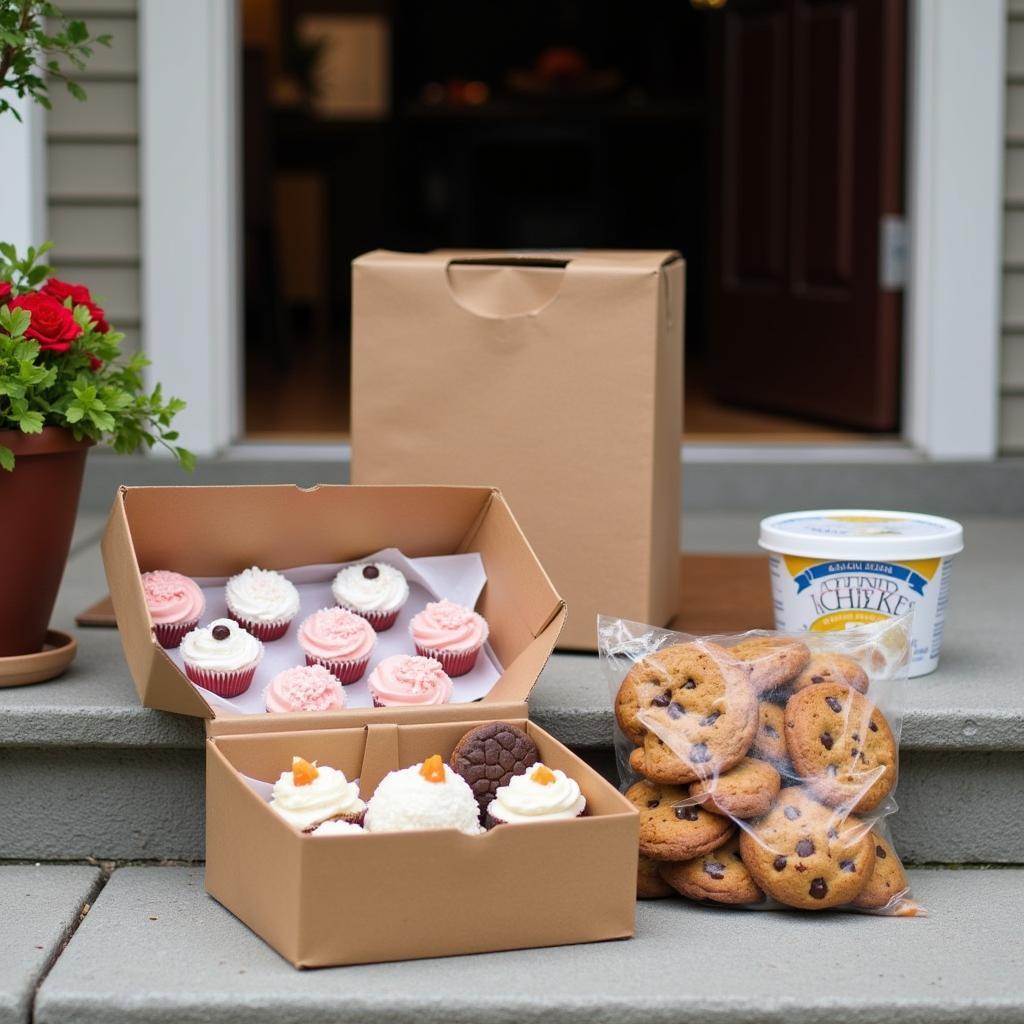 Different desserts delivered to a doorstep.