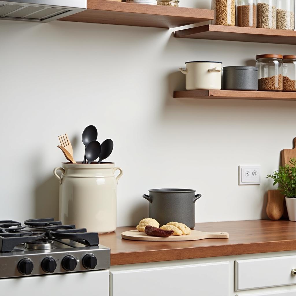 Various food crocks integrated seamlessly into a modern kitchen, demonstrating their continued relevance.