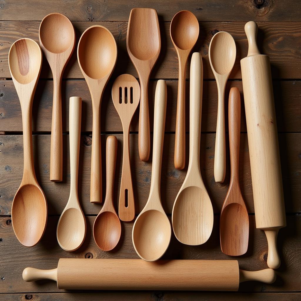 Various Waxed Wooden Kitchen Utensils