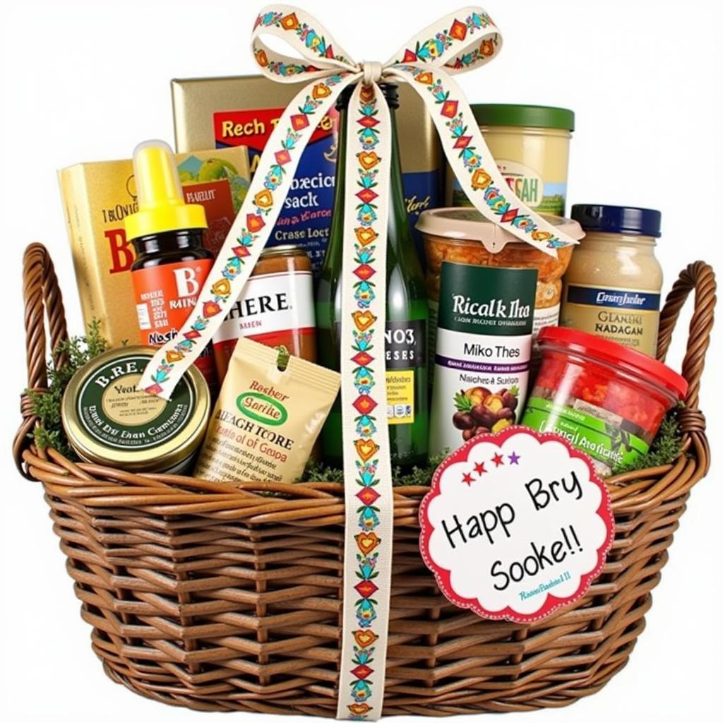 A beautifully wrapped vegan food basket presented as a gift, with a ribbon and gift tag.