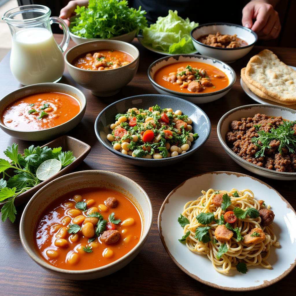 A spread of colorful and flavorful vegetarian Iranian dishes.