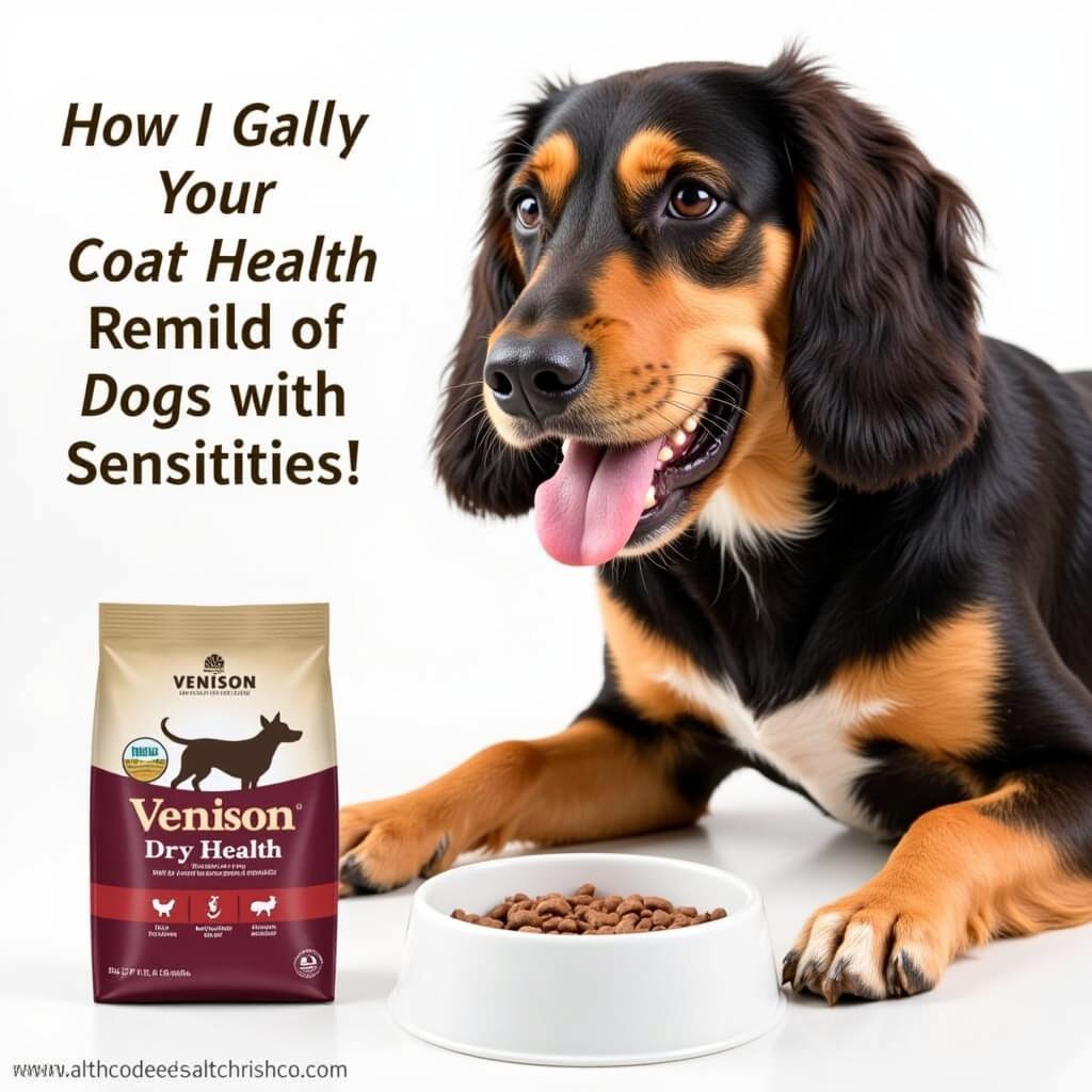 A happy dog with shiny fur eating venison dry dog food.