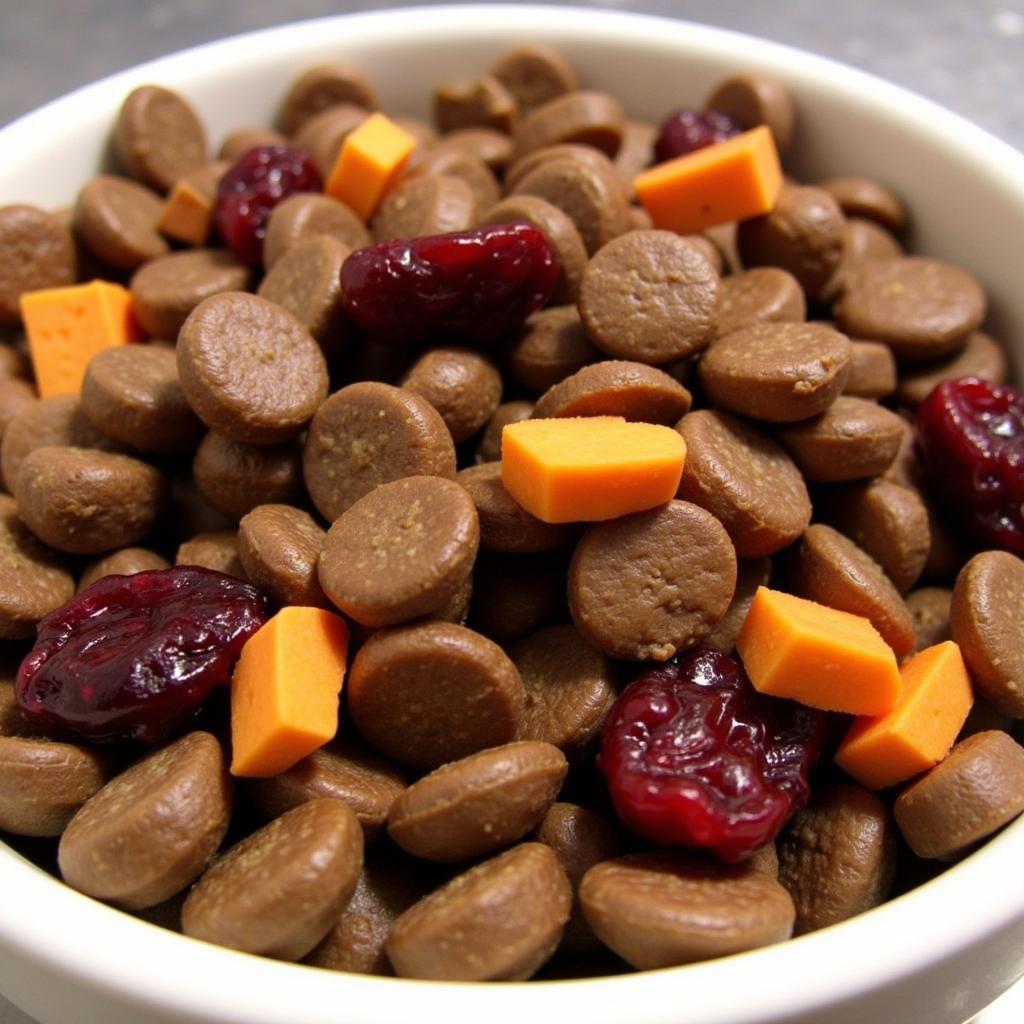 Venison dry dog food benefits: A close-up of venison kibble with ingredients like sweet potatoes and cranberries.