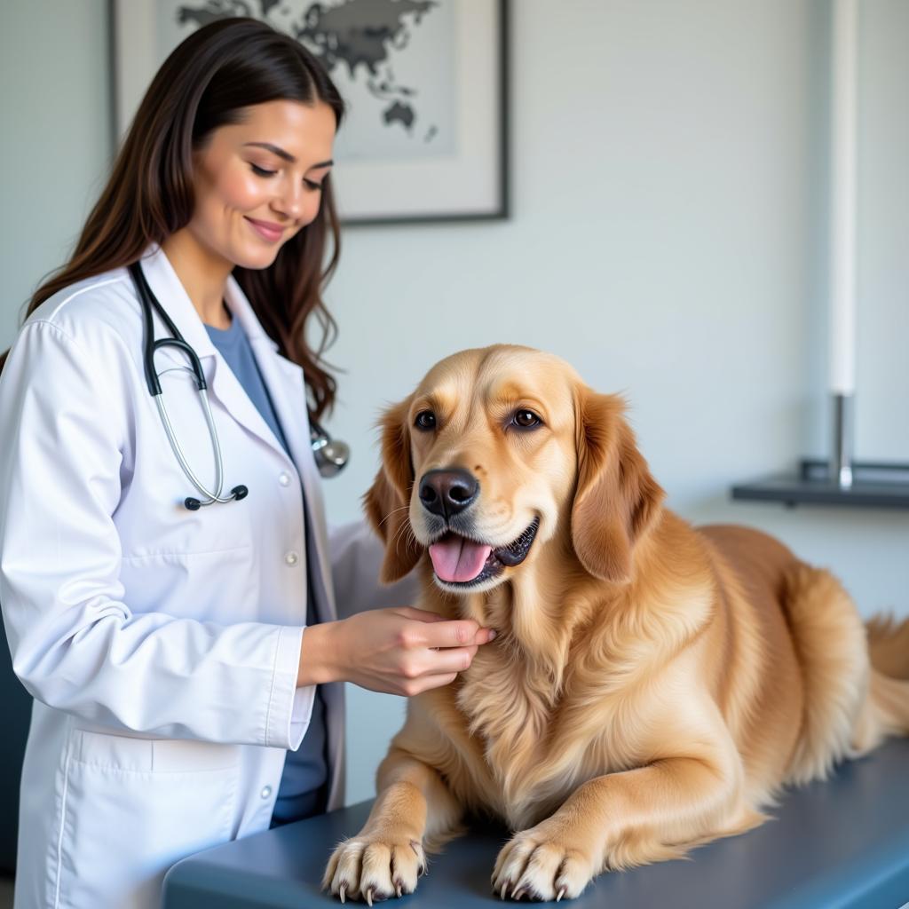 A veterinarian examining a dog.