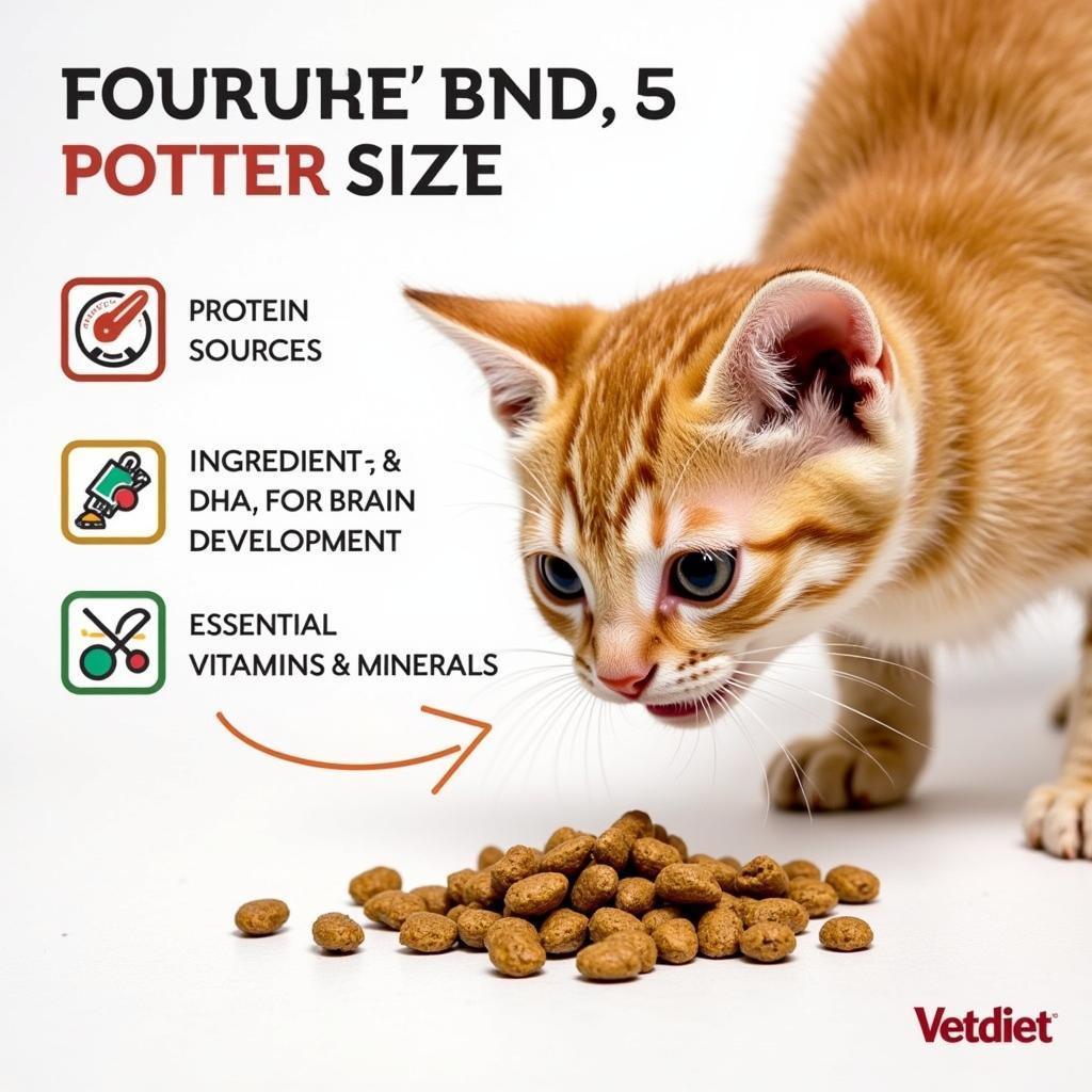 Close-up of Vetdiet kitten food kibble, with key ingredients highlighted.