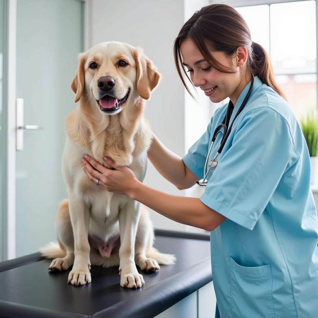 A veterinarian examining a dog to assess its health and dietary needs.