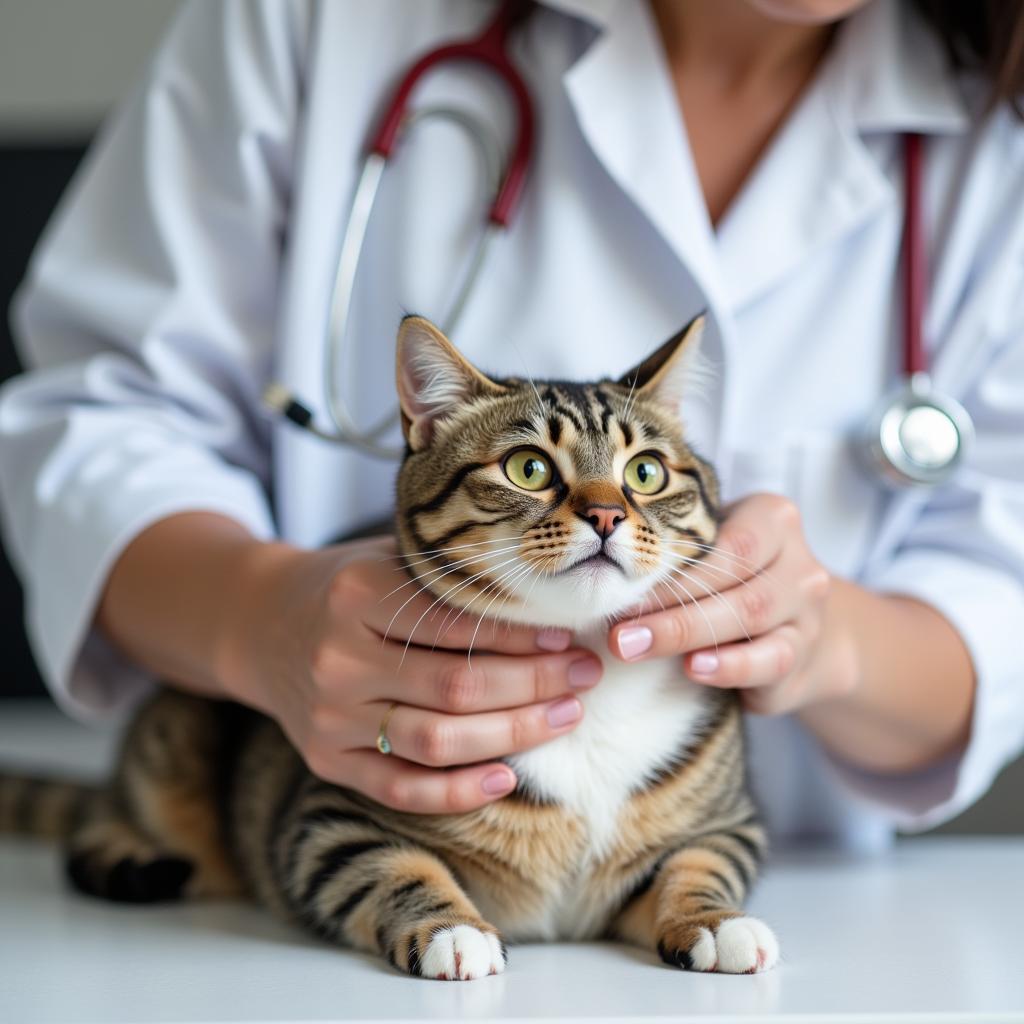 A veterinarian performing a physical examination on a cat to diagnose the cause of its malabsorption.