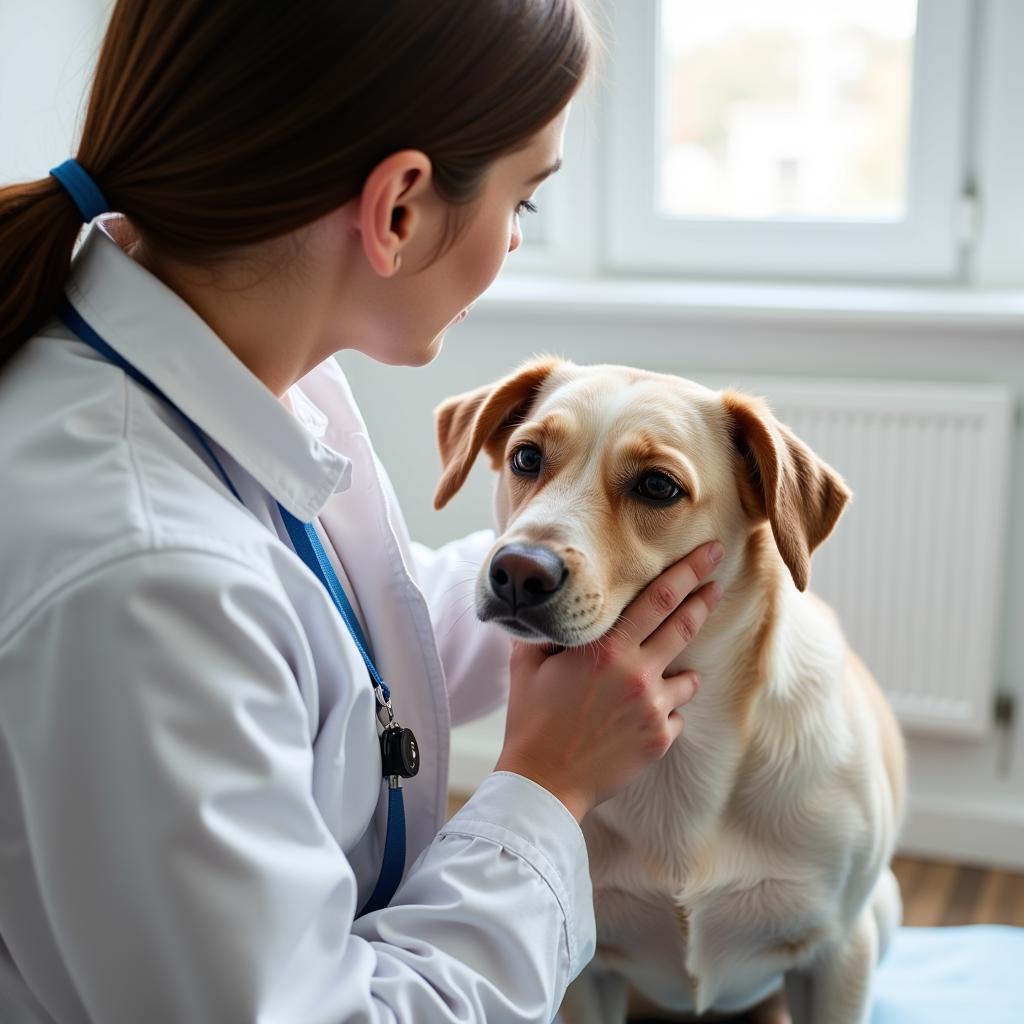 Veterinarian examining a dog for potential digestive issues.