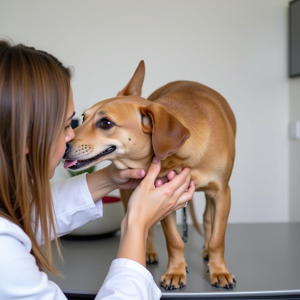 Veterinarian examining a dog for food allergies.