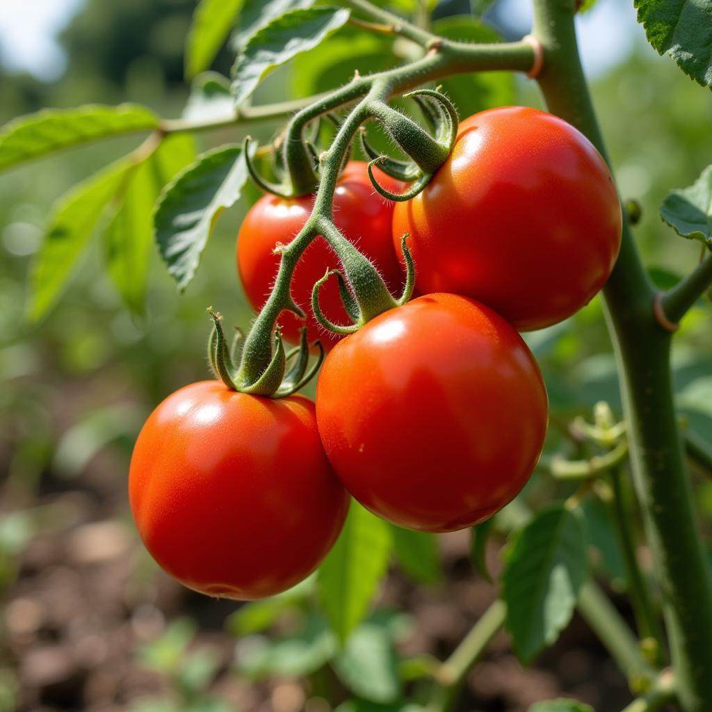 Ripe red tomatoes growing on a vine in a garden, bathed in sunlight.