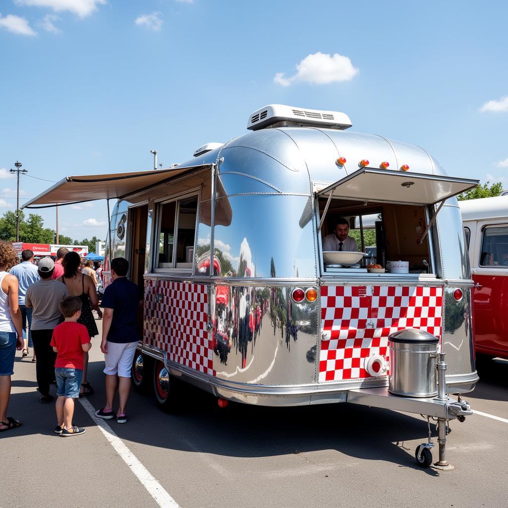 A classic diner-style vintage food trailer with chrome accents and a red and white checkered pattern.