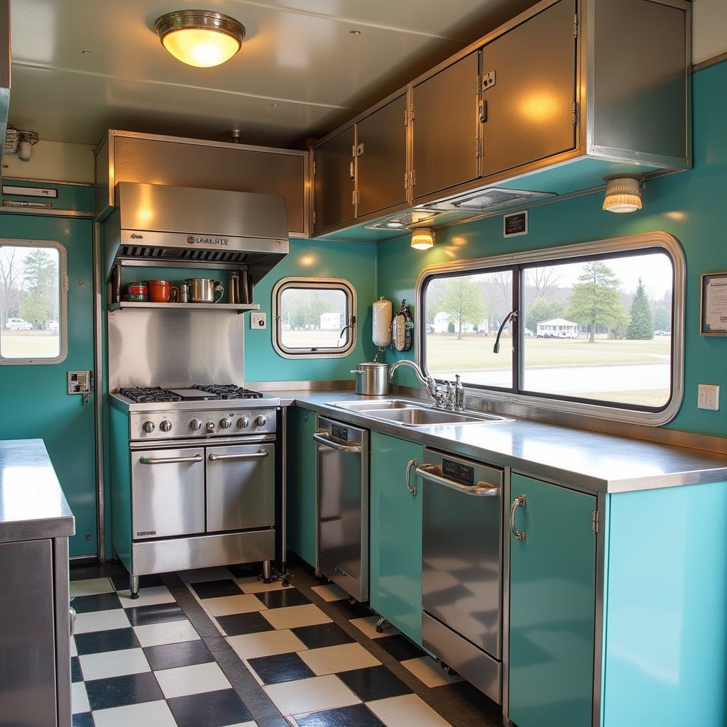 The customized interior of a vintage food van, featuring modern equipment seamlessly integrated with a retro design.