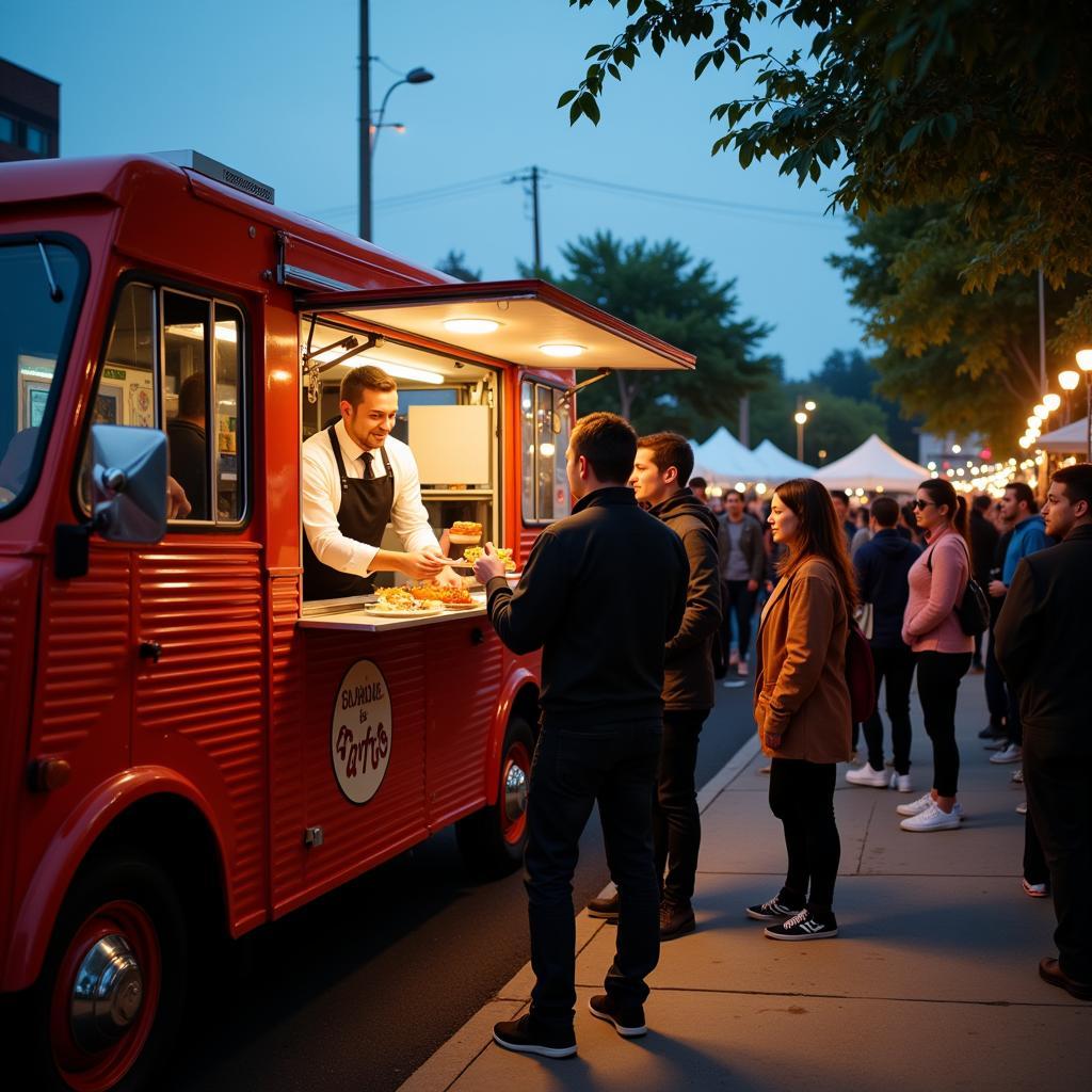 A vintage food van serving customers at a busy street event.