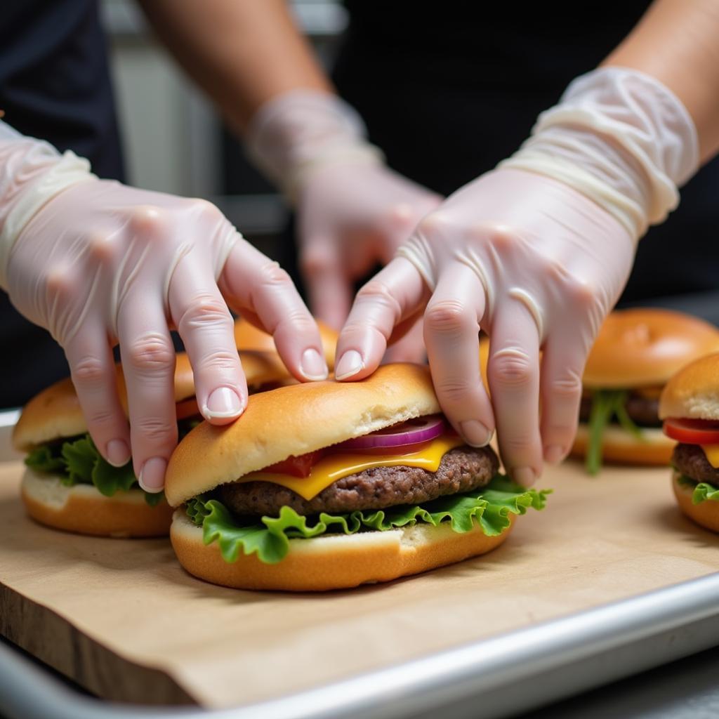 Vinyl gloves being worn by a food service worker