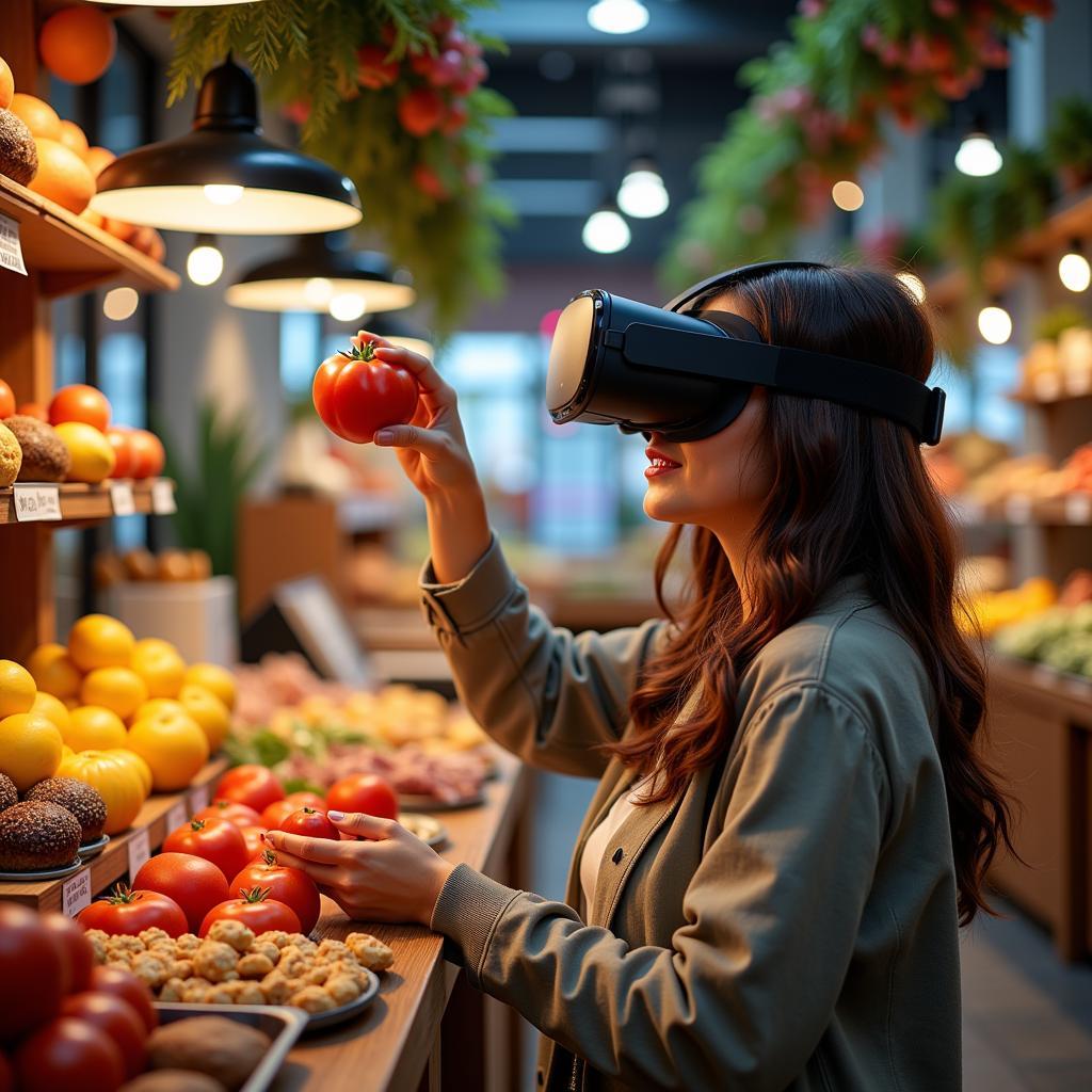 A person wearing a VR headset experiencing a virtual food environment.